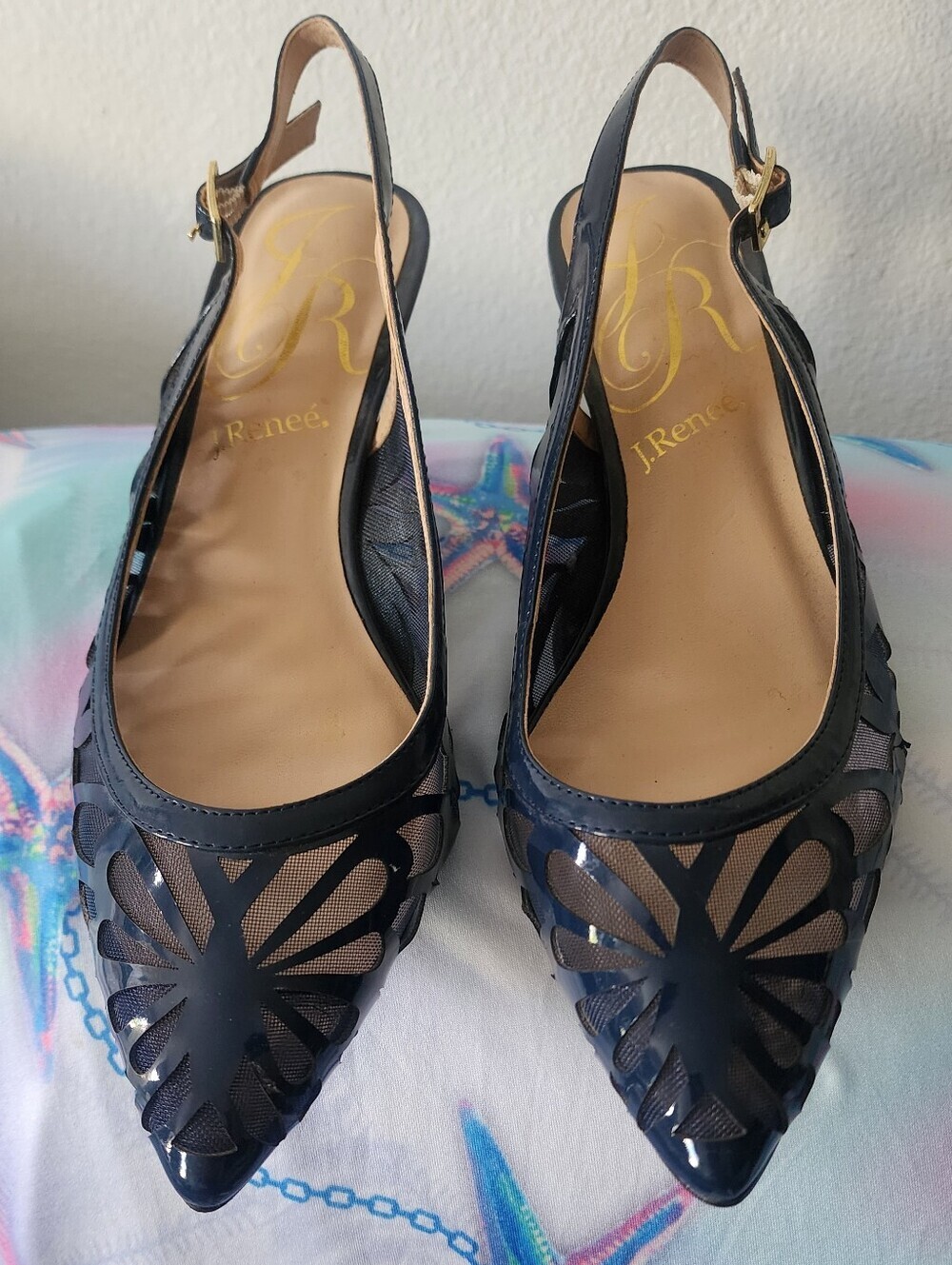 J.Renee' Women's Navy Patent Mesh Slingback Heels Sz 10W